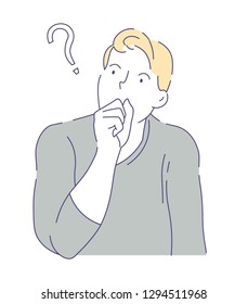 Doubts and hesitation man having question isolated vector male character questioning or making decision or idea cognitive activity guy in sweater covering mouth with fist thinking finding answer.