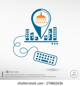 Douche with water drops symbol and keyboard. Line icons for application development on city background