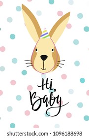Doudle style rabbit face with party hat.. Vector illustration with handdrawn dots and text Hi, baby for kids, toddlers and babies fashion. Birthday card template.