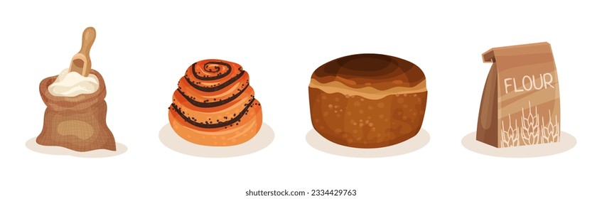 Dough and Baked Bread and Bun with Sack and Pack of Flour Vector Set