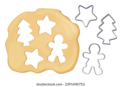 Dough with cookie cutter star, man, christmas tree shapes shape top view cartoon style isolated on white background. Preparation, cooking.