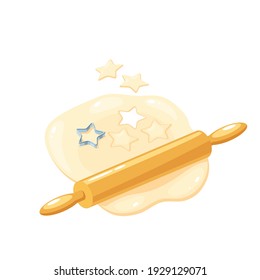 Dough, cookie cutter and wooden rolling pin. Making star pastry. Vector illustration cartoon flat icon isolated on white background.