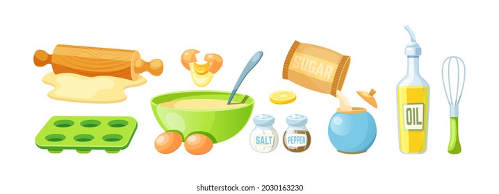 Dough cooking, baking ingredients set. Kitchen tools, kitchenware, utensils for preparing sweet pastry dessert. Baking flour, eggs, oil, sugar, salt, pepper for preparation bake vector