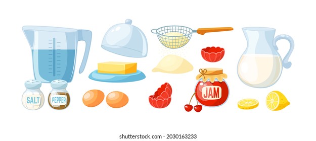 Dough cooking, baking ingredients set. Kitchen tools, kitchenware, utensils for preparing sweet pastry dessert. Baking flour, eggs, milk, oil, lemon, jam, water for preparation bake vector