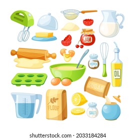 Dough cooking, baking ingredients set. Kitchen tools, kitchenware, utensils for preparing sweet pastry dessert. Blender, baking flour, eggs, milk, sugar, oil, jam, water for preparation bake vector