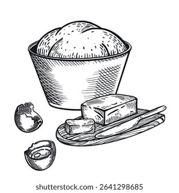 Dough, cooking process, chicken eggs, butter on a board with a knife, a bowl with dough. All objects are hand-drawn with ink. Vector illustration is suitable for printing on paper, fabric, labels.