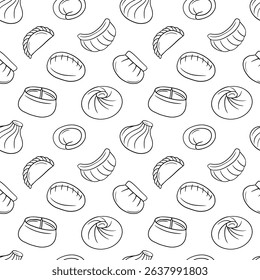Dough dishes hand drawn vector seamless pattern. Pelmeni, ravioli, khinkali, vareniki and manti in sketch style on white background