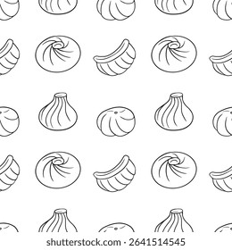 Dough dishes hand drawn vector seamless pattern. Pelmeni, ravioli, khinkali, vareniki and manti doodle on white background