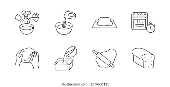 Dough doodle illustration including icons - bowl, oven, mix, ingredients, egg, rolling pin, bread, timer. Thin line art about baking. Editable Stroke