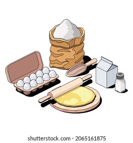 Dough flour, egg, milk and salt. Vector 3d sketch line isometric style, color icon illustration. Creative design idea and infographics elements.