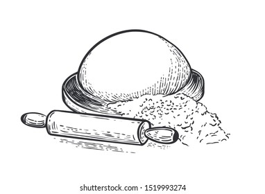 Dough with flour and rolling pin on white background. Hand draw vector illustration in engraving style