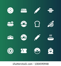 dough icon set. Collection of 16 filled dough icons included Flour, Donut, Bread, Rolling pin, Dumpling