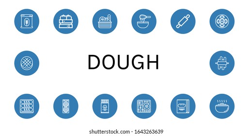 dough icon set. Collection of Flour, Dumpling, Bread, Dough, Rolling pin, Donut, Wafer, Mixing table, Round bread icons