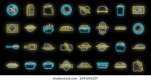 Dough icons set outline vector. Pizza bake. Bakery cooking neon color on black