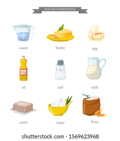 Dough ingredients flat vector illustrations set. Water, butter and eggs. Various natural products with names. Oil, salt and milk. Homemade baking, pastry cooking components. Yeast, sugar and flour