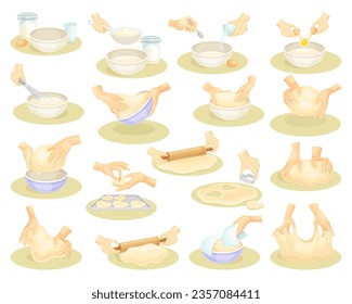 Dough Kneading with Hands and Homemade Bakery Big Vector Set