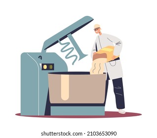 Dough making process in bread production. Male baker putting flour in big industrial mixer for kneading. Bakery industry concept. Cartoon flat vector illustration