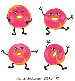 Dough nut cartoon vector set. Icon appetizing tasty donut with pink glaze isolated on a white background.