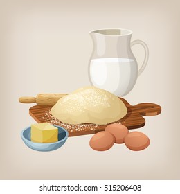 The dough on the board with a rolling pin. Eggs, butter, and milk jug. Vector illustration.