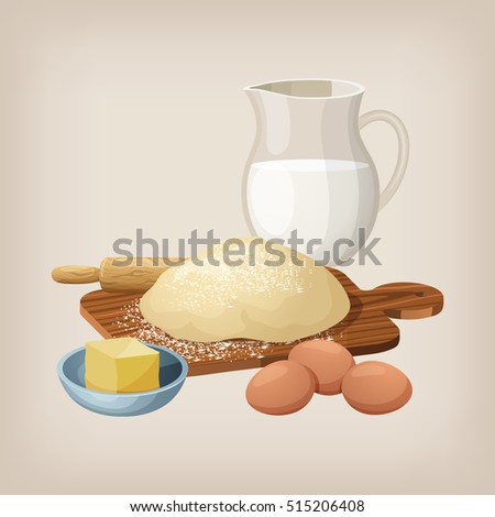 The dough on the board with a rolling pin. Eggs, butter, and milk jug. Vector illustration.