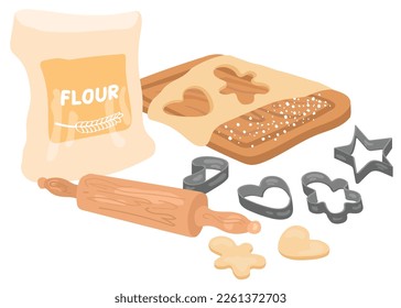 Dough on cutting wooden board, bag of flour, rolling pin and molds for Christmas cookies. Hand drawn vector illustration. Suitable for website, stickers, postcards.