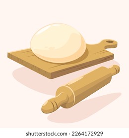 Dough on Wooden Board with Roller Vector Illustration | Bakery Ingredient and Utensils