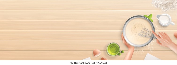 Dough pancakes whisk hands realistic composition with wooden background and top view of human hands cooking vector illustration