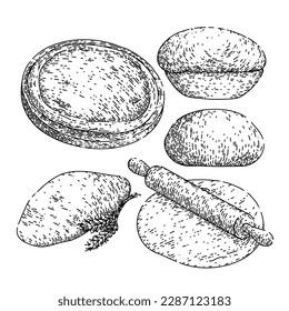 Teig Pizza Brot handgezeichnet. Mehlteig, frische Bäckerei, Küchenweizen, Backkoch, Rohteig Pizza Brot Vektor Skizze. einzelne schwarze Illustration