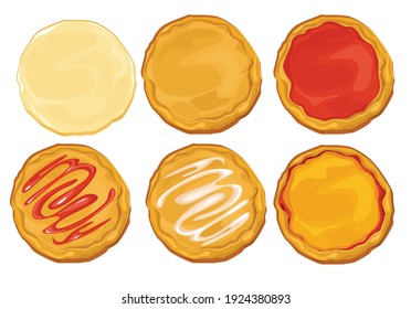 Dough Pizza Set, Making About Collecting Pizza. Raw, Cooked Dough With Toppings Of Cheese, Tomato Sauce And Mayonnaise. Vector Cartoon