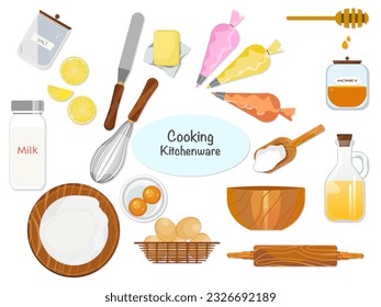 Preparación para la tos, ilustración de ingredientes para la cocción. Herramientas de cocina, utensilios y utensilios para preparar postres. masa hortícola, huevos, aceite, azúcar, sal y pimienta para la preparación del vector de cocción.