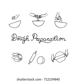 Dough preparation concept. Doodle vector illustration.  Cooking hands.