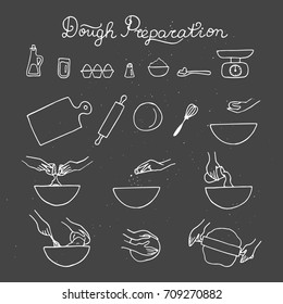 Dough preparation icon set. Hand drawn illustration.  Baking process.