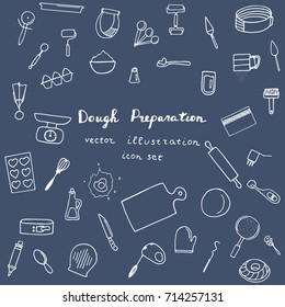 Dough preparation icon set. Hand drawn vector illustration.  Cooking hands, process, tools.