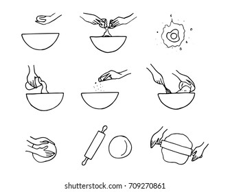 Icons für die Zubereitung von Teig. Doodle, Vektorgrafik.  Hände kochen.