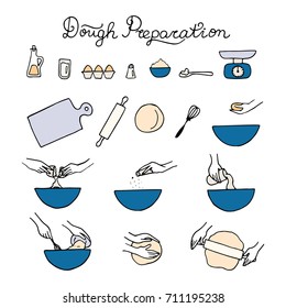 Dough preparation icons. Doodle vector illustration.  