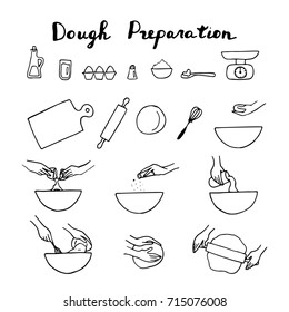 Dough preparation icons. Doodle vector illustration.  