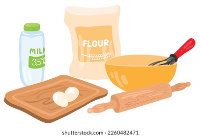 Dough preparation kit - flour, milk, eggs. Utensils - whisk, bowl, rolling pin, cut board. Hand drawn vector illustration. Suitable for website, stickers, postcards.