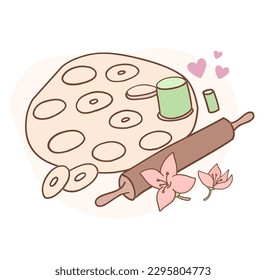 Dough preparation. Rolling pin, baking dish and dough. Decorated with vanilla flowers. Cooking theme.
