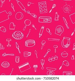 Dough preparation seamless pattern. Doodle cooking utensils.