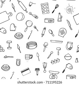 Dough preparation seamless pattern. Doodle cooking tools.