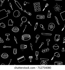 Dough preparation seamless pattern. Doodle cooking tools on a black background.