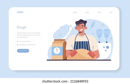 Dough prodcts making web banner or landing page. Baking industry, pastry baking process. Dough production. Baked food manufacturing. Flat vector illustration