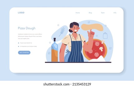 Productos Dough haciendo banner web o página de inicio. Industria de hornear, proceso de pastelería. Producción de pasta de pizza. Fabricación de comida tradicional italiana. Ilustración vectorial plana