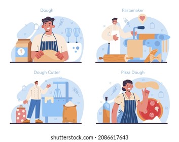 Dough products making set. Baking industry, pastry baking process. Pasta and pizza dough production. Italian traditional food manufacturing. Flat vector illustration