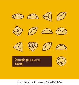 Dough products. Russian food. Snack bar line icons set.