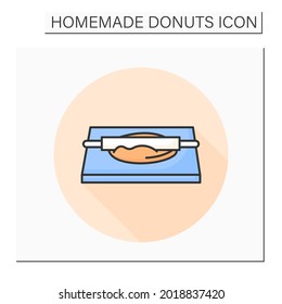 Dough rolling color icon. Rolling pin pastry and donuts preparation. Concept of home bread baking and ring doughnuts preparation.Cooking instruction. Isolated vector illustration