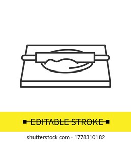 Dough rolling icon. Rolling pin pastry and donuts preparation linear pictogram. Concept of home bread baking and ring doughnuts preparation. Editable stroke vector illustration for cooking instruction