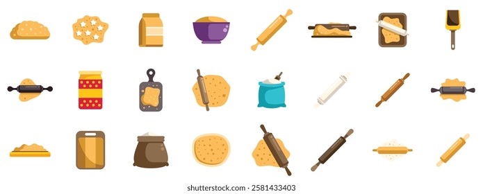 Dough rolling icons set cartoon vector. Rolling pin, flour, dough, baking tray