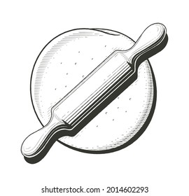 Dough and rolling pin. Baking. Vintage etching style, Isolated on white background. Eps10 vector illustration.