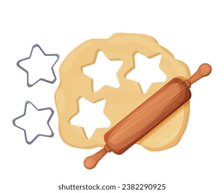 Dough with rolling pin cookie cutter star shape top view cartoon style isolated on white background. Preparation, cooking.